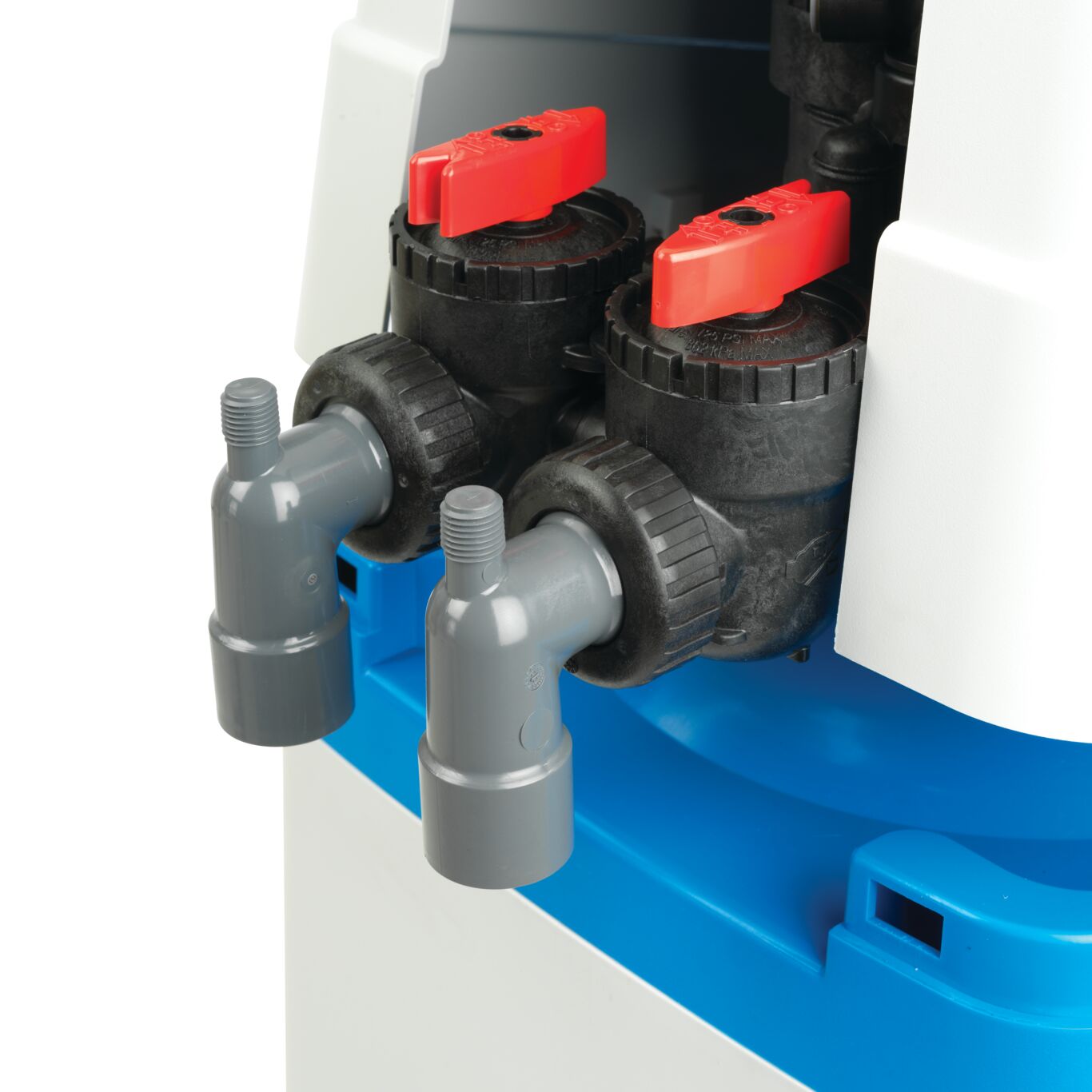 Close-up of water softener control valves and plumbing connections used in professional whole-home water softener installation Close-up of water softener control valves and plumbing connections used in professional whole-home water softener installation